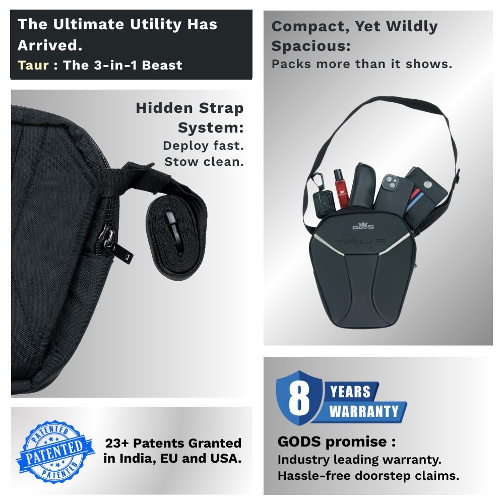 Gods - TAUR: The Ultimate 3 - in - 1 Riding Gear – Thigh Bag | Waist Bag | Sling Bag - Reflective - Accessories