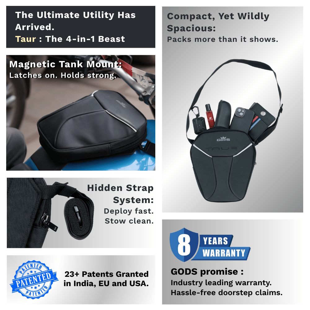 GODS - TAUR: The Ultimate 4 - in - 1 Riding Gear – Thigh Bag | Waist Bag | Sling Bag | Tank Pouch - Reflective - Accessories
